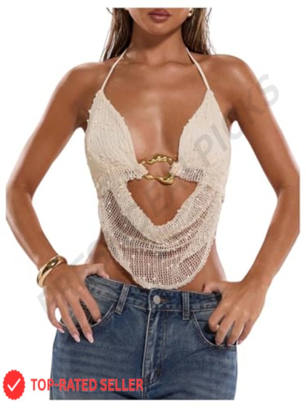 Y2K Halter Open Back Beaded Sparkly Festival Tank Top